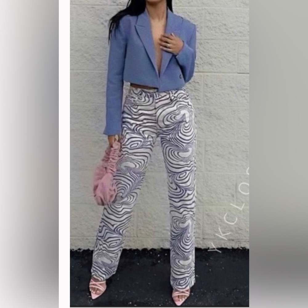Zara Blue purple & White Swirl High Rise Straight Jeans 90s Sz 4